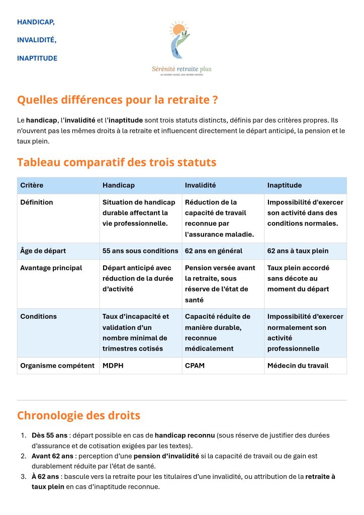 Handicap, invalidité, inaptitude : tableau comparatif des trois statuts et de leurs effets sur la retraite